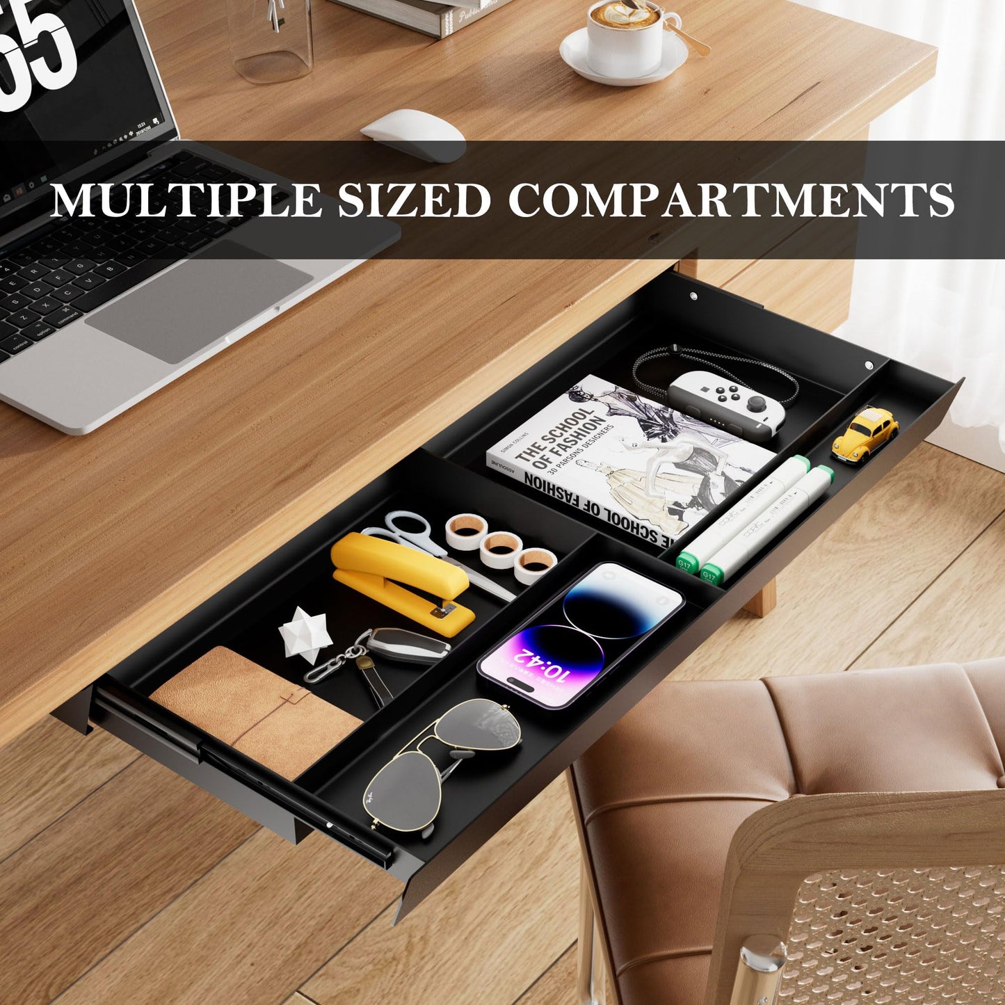Gaxomo Under Desk Drawer 28.3" Wide, 60° Ergonomic Tilt Organizer with Multi-Compartment – Ball Bearing Slides, Fully Assembled, Under Desk Storage for Home Office Supplies