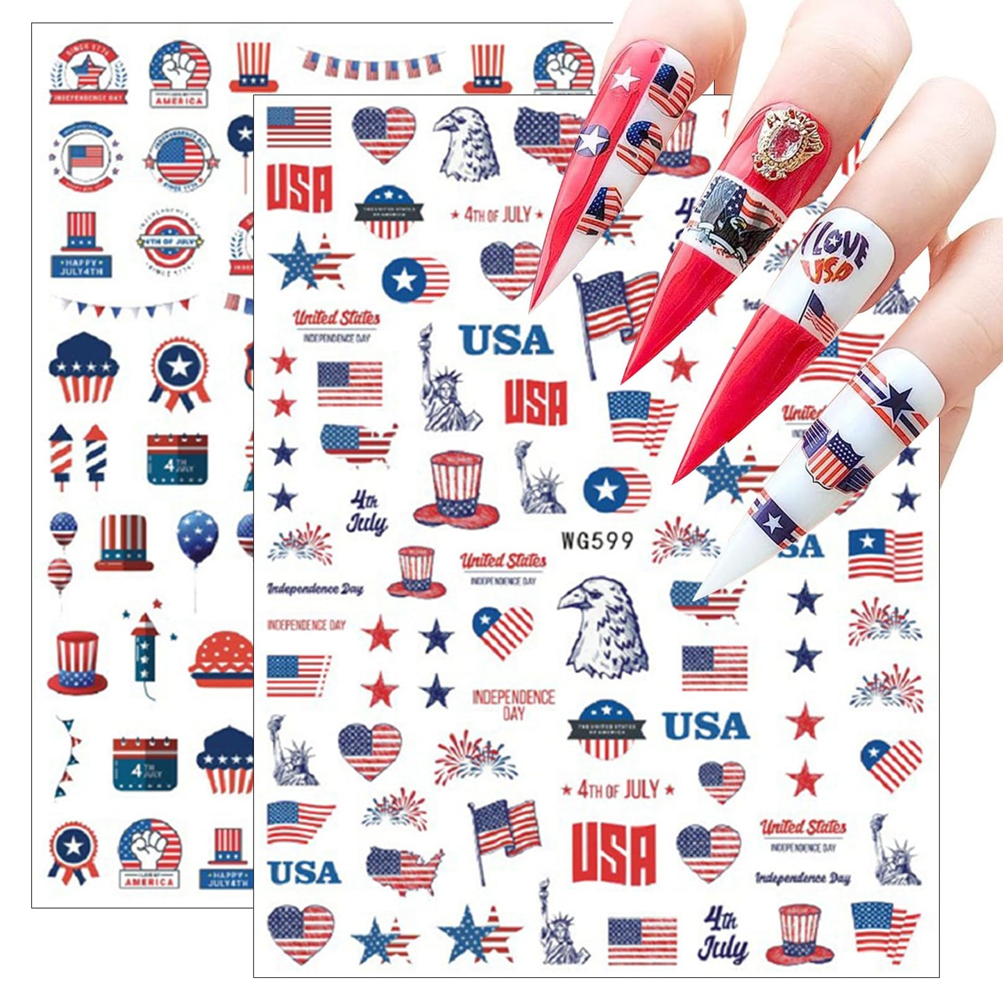 8Sheets 4th of July Nail Art Stickers American Independence Day Nail Design Decals，3D Self-Adhesive Nail Decals Balloon Heart Designs American Flag Nail Decorations for Women Girls Manicure Stickers