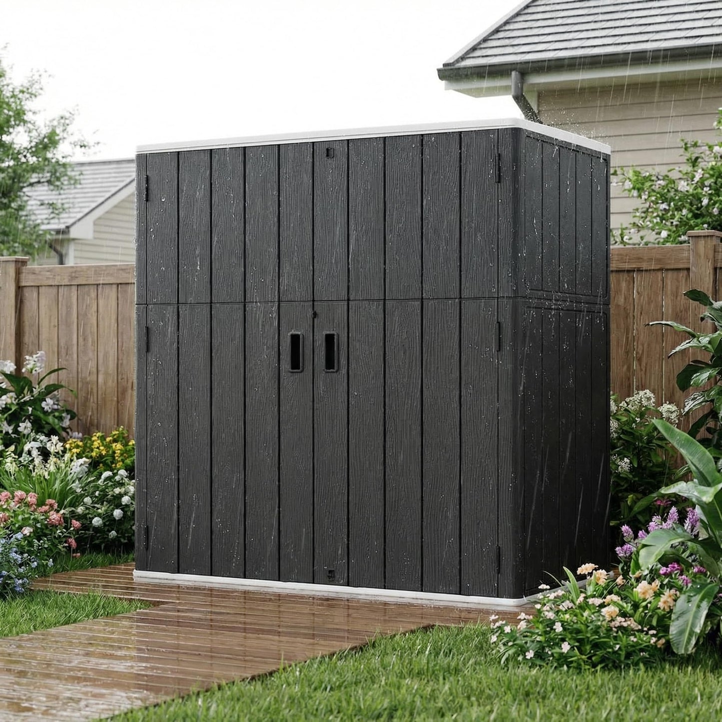 Outdoor Storage Shed 57 Cu.ft Weatherproof Resin Storage Cabinet with Floor, Lockable Vertical Shed for Garden Tools, Lawn Mower, Pool Equipment & Organization – Shelves Not Included