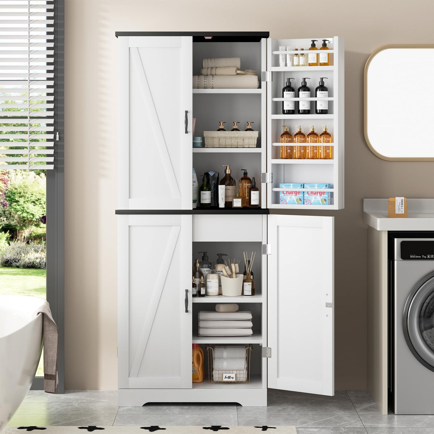 Shintenchi Kitchen Pantry Cabinet, Freestanding Farmhouse Storage Cabinet with 8 Door Shelves, 2 Cabinets and 1 Drawer, Tall Cupboard for Kitchen, Living Room, Dining Room and Bathroom, White