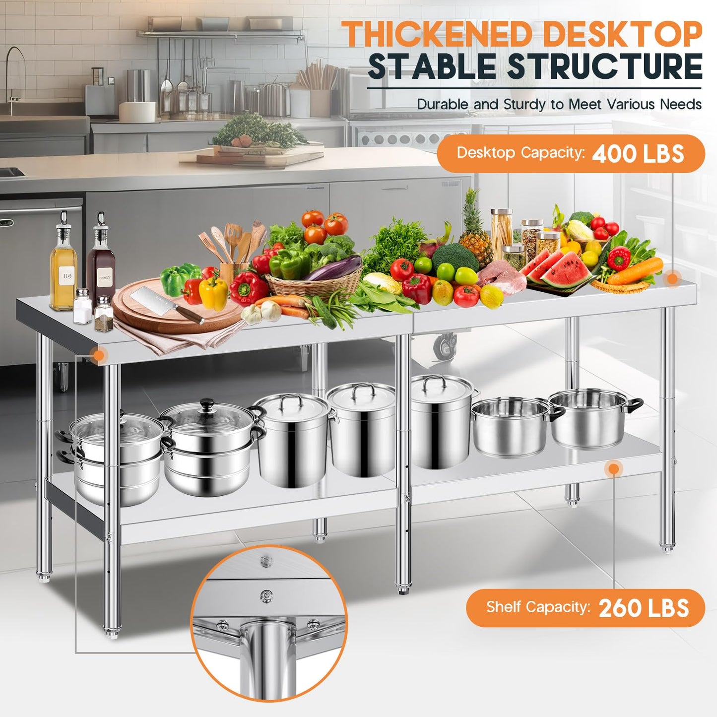 Jocisland 30" x 82" Stainless Steel Table for Prep & Work, NSF Certified Adjustable Under Shelf and Feet, for Commercial Kitchen, Restaurant, Hotel and Garage