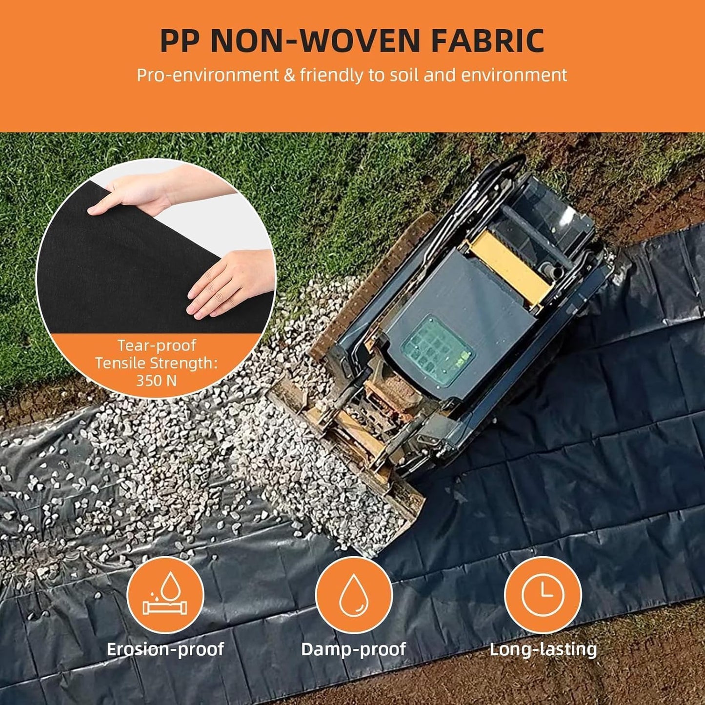 PioneerWorks Geotextile Landscape, 3ft x 300ft & 6oz Geotextile Fabric, PP Drainage 350N Tensile Strength & 440N Load Capacity, for Driveway & Road Stabilizationr, Erosion Control, French Drains