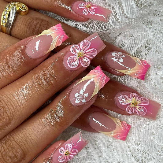 Flower Press on Nails Medium Square French 3D Pink Gradient False Nails Gold Rhinestones Design Full Cover Coffin Nails Acrylic Artificial Nails French Stick on Nails DIY Glue on Nails for Women