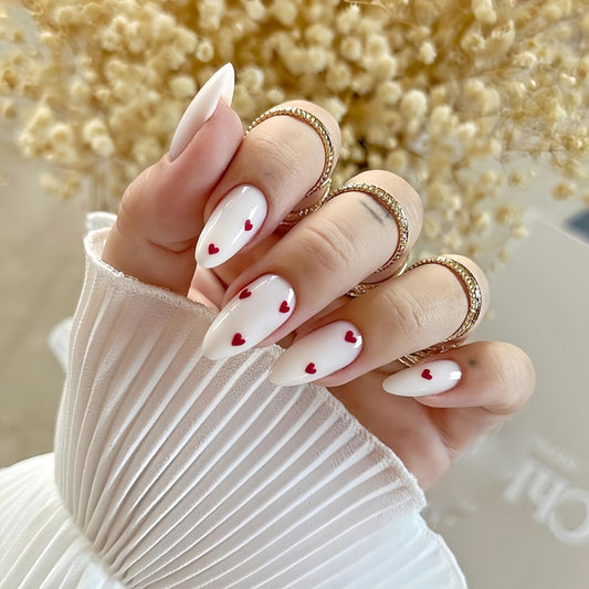 Almond Press on Nails Medium Fake Nails All White Stiletto Acrylic Nails Glossy with Wine Red Heart Designs Artificial Cute Valentines Heart False Nails for Women Girls Valentine’ s Wedding Manicure