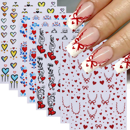 8 Sheets Heart Bows Nail Art Stickers Valentines Day 3D Self Adhesive Hearts Nail Sticker Heart Love Red Bow Tie Nail Design Comic Heart French Tip Line Manicure Accessories for Women Nail Decoration