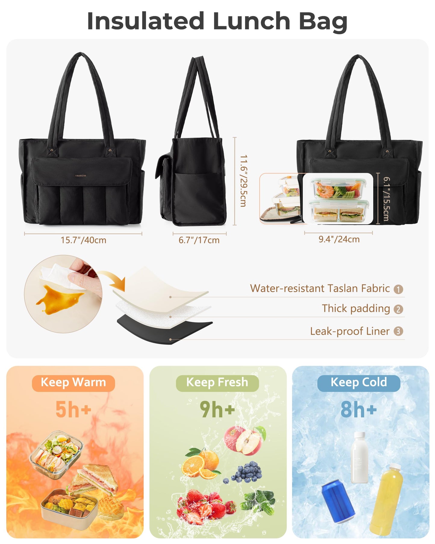 Trahzia Teacher Tote Bag with Lunch Compartment and Accordion Organizer, Insulated Work Lunch Bag Fits for 15.6” Laptop for Women, Black