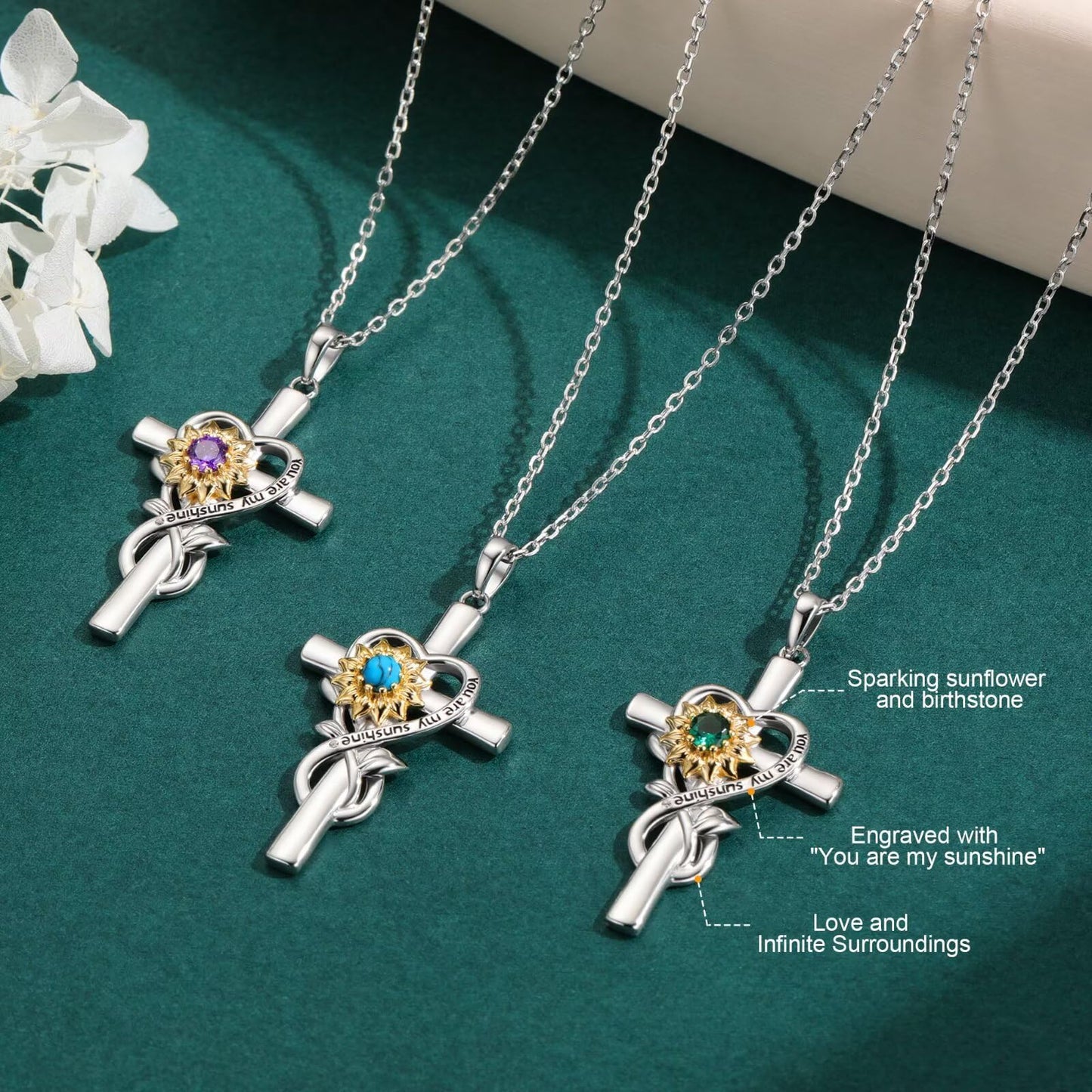 Iefil Lab-Created Alexandrite Necklace - Sunflower Cross Necklace for Women | Anniversary Birthday Gifts, Sunflower Gifts
