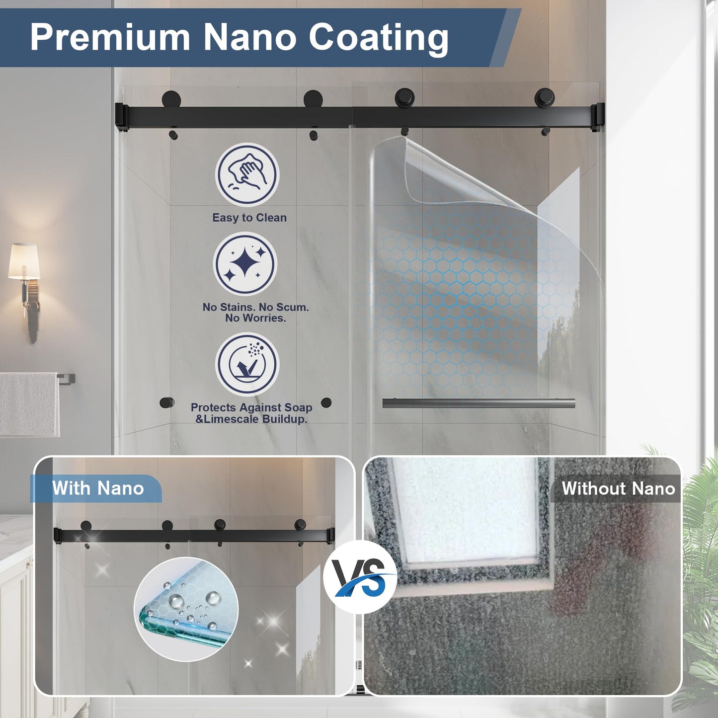 EASYWORC Frameless Double Sliding Shower Doors, 49-54" W x 76" H Shower Glass Door, 1/4" (6mm) Thick ANSI Certified Tempered Glass with Explosion-Proof Film and Nano Coating, Matte Black