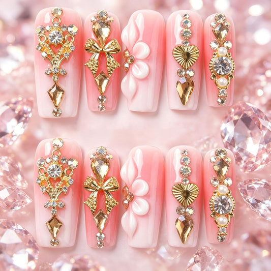 Long Square Press on Nails Handmade 3D Cute Glue on Nails for Women, Luxury Homemade Press on Nail Art Design, Fake Nails with 3D Nail Charms Size M 5