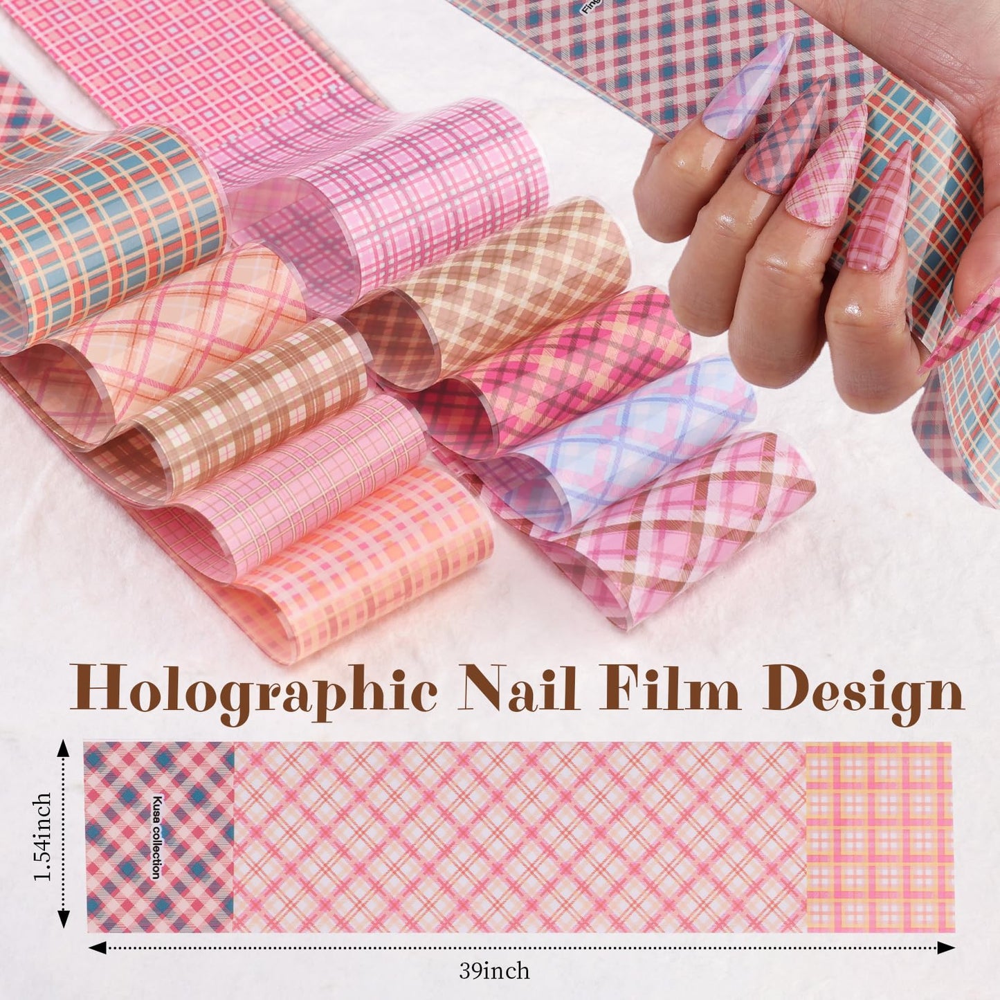 Plaid Nail Foil Transfer Sheets, 10 Rolls Pink Plaid Nail Stickers Transfer Foil with Checkered Prints for Nail Art, Starry Geometric Lines Manicure Wraps, Nail Foil Transfer Paper for Women