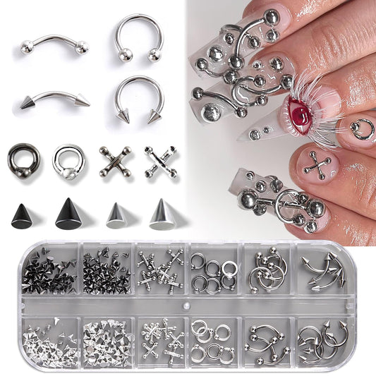 Furtherpretty Gothic Nail Charms Set, 3D Black & Silver Piercing Nail Charms with Metal Rings, Triangle Spikes & Rivet Studs for Nails, Y2K Punk Goth Nail Art Decorations Accessories with Tweezers