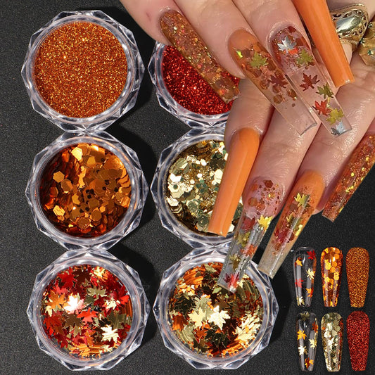 Thanksgiving Fall 3D Maple Leaf Nail Art Glitter Sequins, Mixed Red & Orange Nail Glitter Powder Polygons Sequins Fall Nail Decals for for Women Nail Decorations Supplies DIY Manicure Accessories