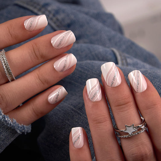 CurvLife Soft Gel Short Press On Nails Square, Long-Lasting Reusable Fake Nails Kit with Glue & Tabs, 30pcs Salon-Quality Stick On Nails for Women At-Home Manicure (Silver Whisper)