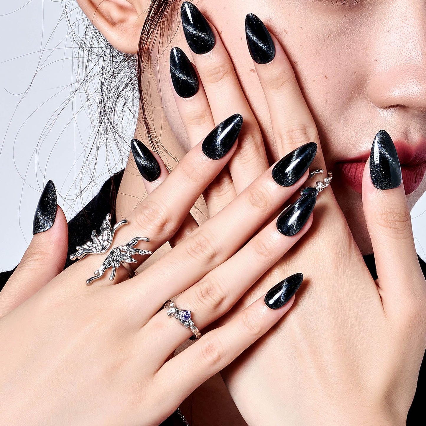 GLAMERMAID Black Cat Eye Press on Nails Medium Almond, Handmade Jelly Magnet Gel Fake Nail, Gloss Glitter Magnetic Glue on Nail Short Oval, Reusable Acrylic Stiletto Stick on False Nail Kit for Women