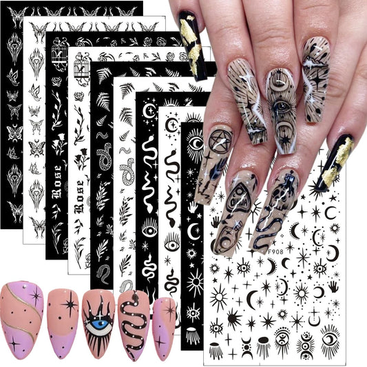 10Pcs Gothic Nail Stickers 3D Self-Adhesive Black White Nail Art Stickers Rose Leaf Snake Moon Star Design Nail Decoration Horror Eyes Nail Decals Flame Butterfly Nail Supplies for Acrylic Nail DIY