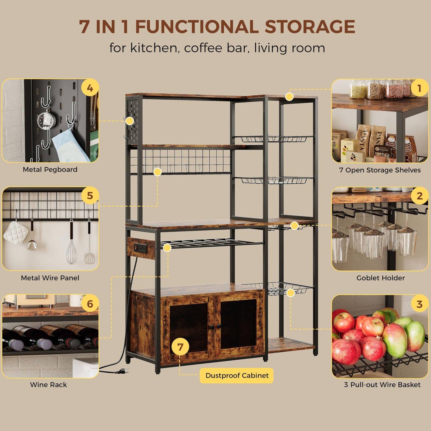 IRONCK Bakers Rack with Power Outlet & Storage, 45.5" W Coffee Bar Cabinet with Wine Rack & Pegboard, Industrial Microwave Stand with 10 Hooks & 3 Wire Basket, Kitchen Shelves, Rustic Brown