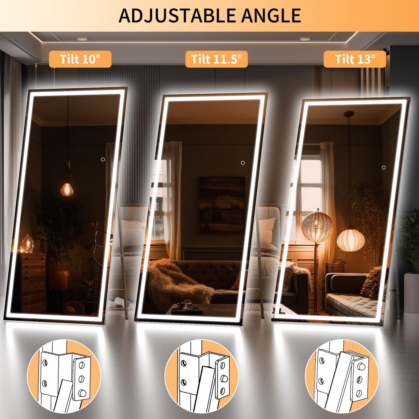 Hasipu Full Length Mirror with Lights, 95" x 40" LED Lighted Floor Standing Mirror, Full Body Dressing Hanging Mounted Mirrors, Dimmable, Tempered Glass, Safe to Use, Square Black