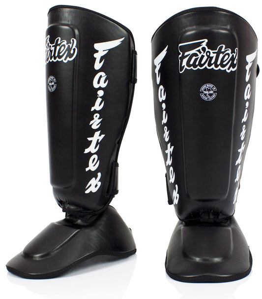 Fairtex SP7 Muay Thai Shin Guards for Men, Women, Kids | Shinguards Made with Syntek Leather & are Premium, Lightweight & Durable | Detachable shin & Foot Protector- Large, Black