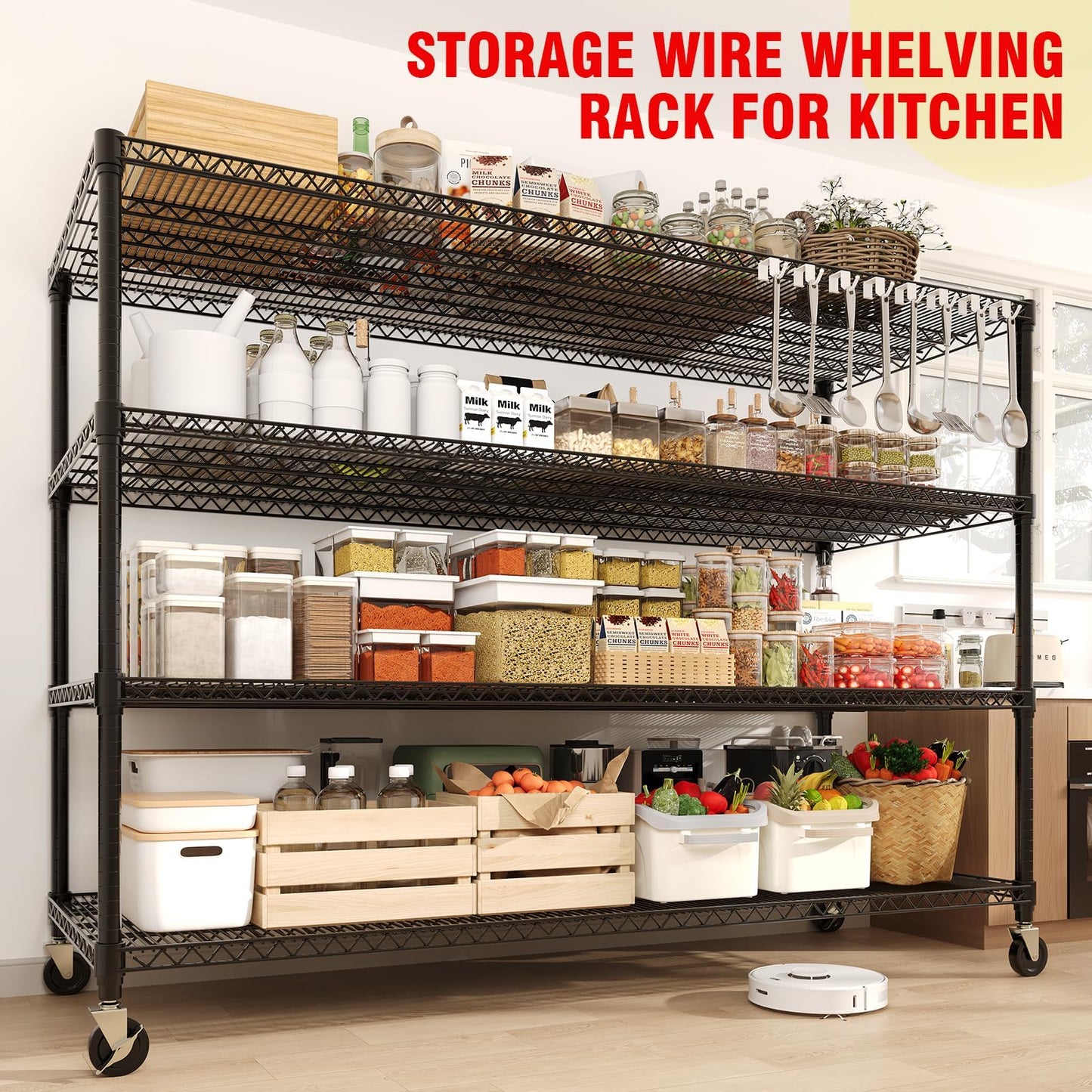 59" W Storage Shelves 2640LBS Heavy Duty Garage Shelving Units with Wheels and Adjustable Shelf, 4-Tiers Wire Shelving Rack for Garage Pantry Kitchen Warehouse Industrial