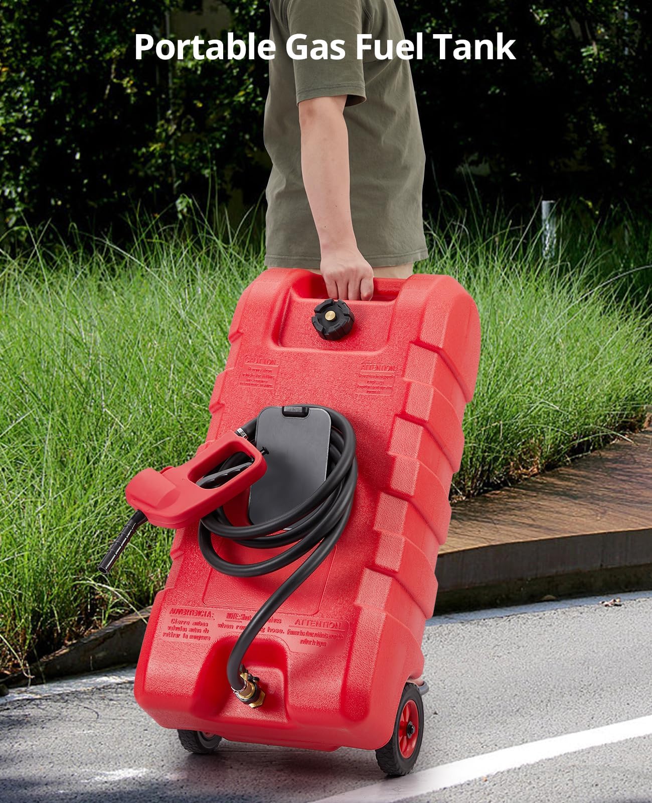 15 Gallon Gas Can, Portable Fuel Tank With Pump, Fuel Transfer Tank, Portable Gasoline Tank On Wheels With Le Fluid Transfer Siphon Pump and 10-Inch Hose for Cars, Boats, Lawnmowers, ATVs