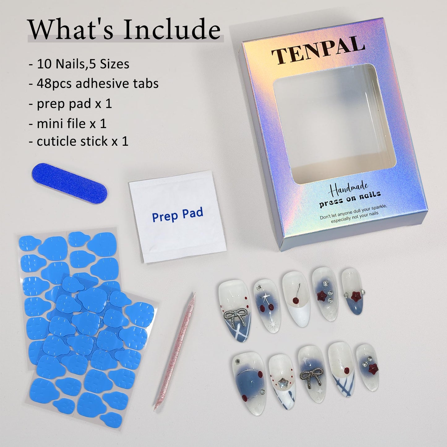 TENPAL Light Blue White French Press on Nails Medium Almond with 3D Charms Bow Rhinestone Cherry,10Pcs Sweet Girls Summer with Full Kit(L)