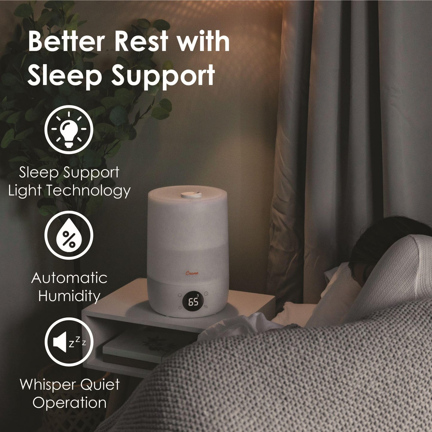 Crane Ultra-Quiet 3-in-1 Humidifier, Essential Oil Aroma Diffuser & Soothing Sleep Light - Compact 1.2 Gallon Capacity with Adjustable Night Light & Fragrance Tray - Ideal for Bedroom and Office