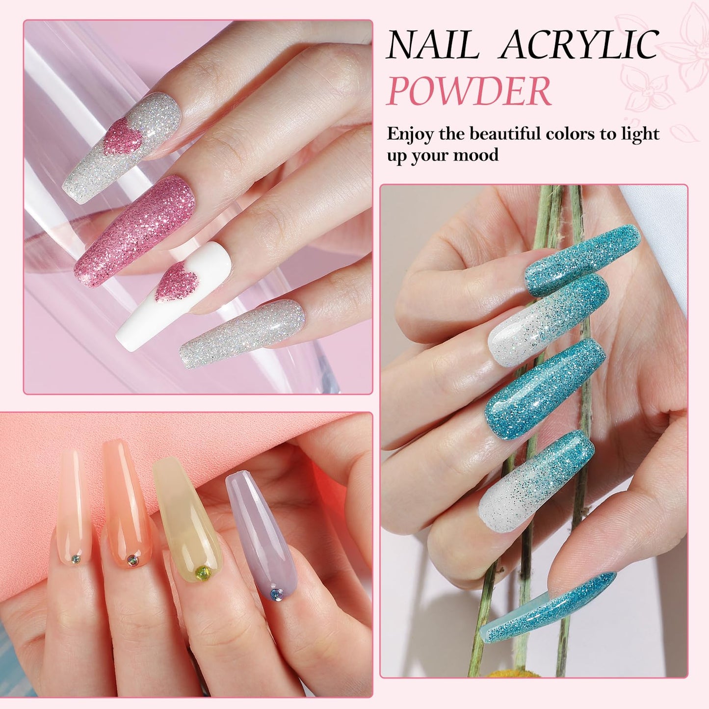 Acrylic Nail Kit for Beginners with Drill U V light, 3pc Acrylic Powder Clear/ Pink /White Set 12Pcs Glitter Powder 200Pcs Fake Tips Nail Starter Kit for Extensions DIY