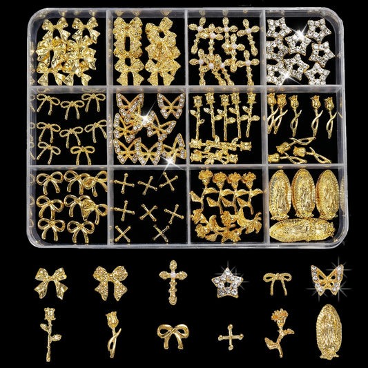 ZUMILLMN 96PCS 3D Nail Charms - Gold Alloy Bow, Rose,Butterfly,Cross,Star,Virgin Mary & Coin Charms, Shiny Nail Rhinestones for Nail Art, Manicure, DIY Jewelry Making（96pcs）