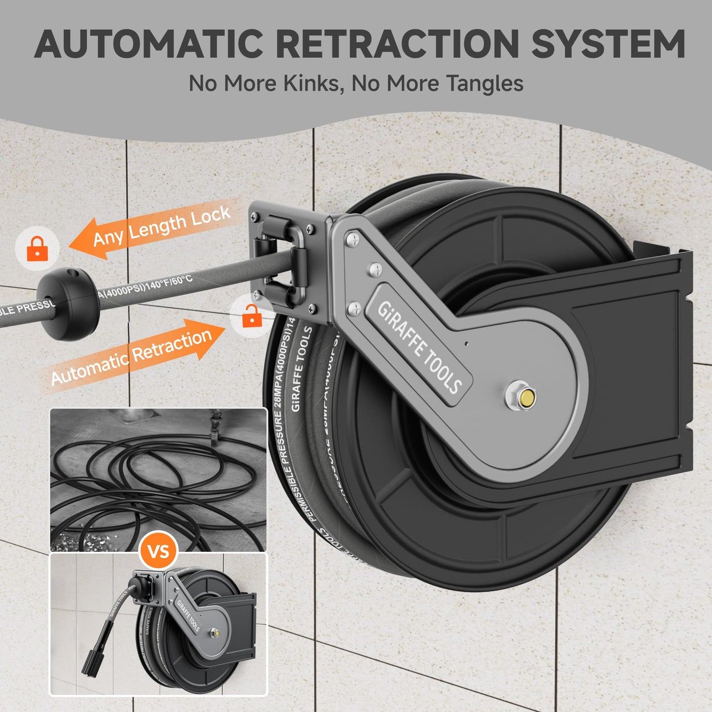 Giraffe Tools Pressure Washer Hose Reel with 1/4" × 60ft Hose, Retractable Power Washer Hose Reel, Heavy Duty Hose Reel, Auto Rewind, Wall Mounted, 4000 PSI