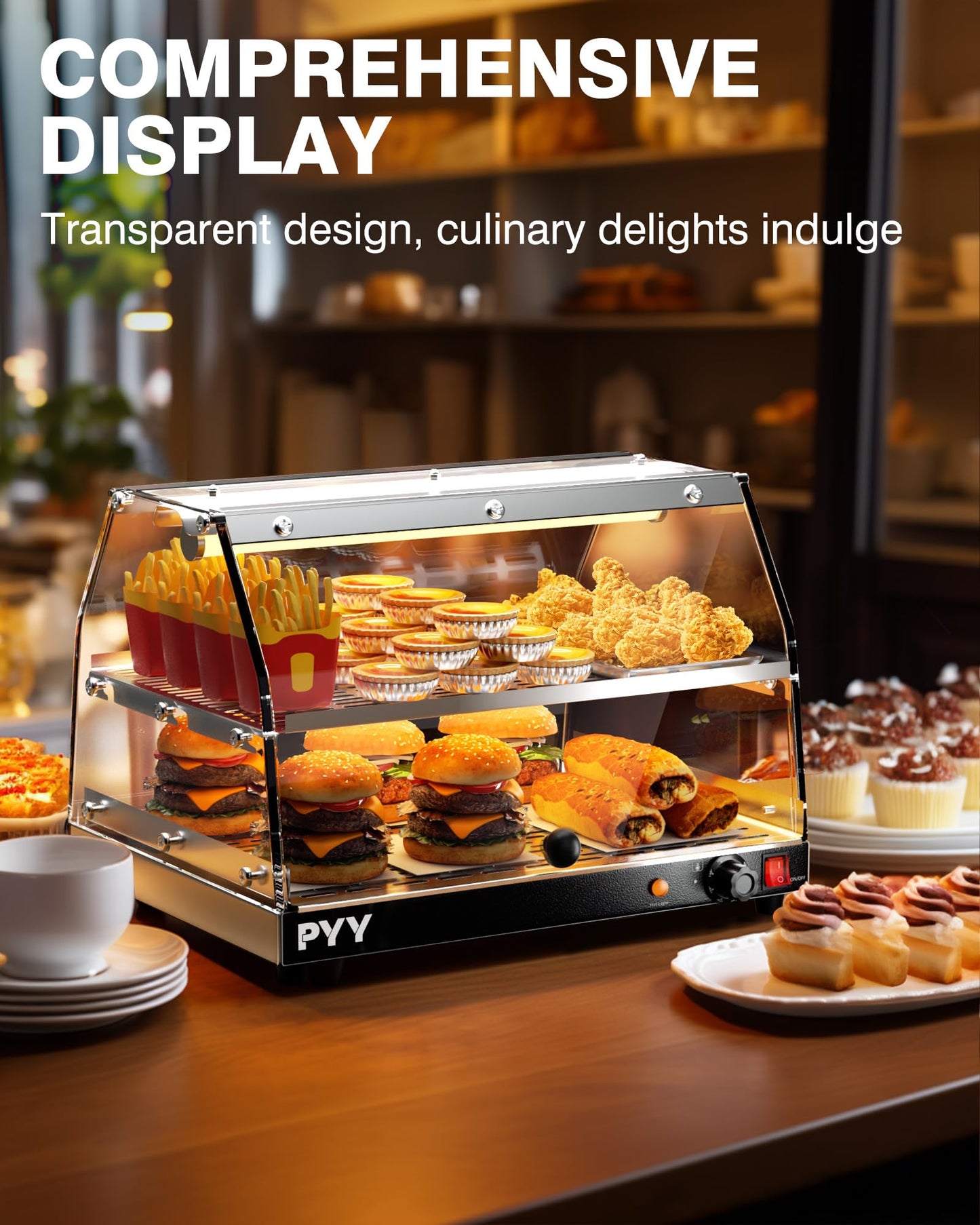 PYY Commercial Food Warmer Display, Electric Countertop Food Warmer with LED Lighting Adjustable Glass Door, 2-Tier Pastry Display Case for Buffet Restaurant Silver