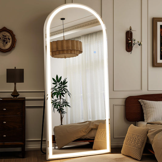 Riskioi 76"x34" LED Full Length Mirror – Arched Standing Floor Mirror with Dimmable Lights 3 Color Modes – Adjustable Brightness, Wall-Mount or Lean for Barber, Fitness Center, Dressing Room, Vanity