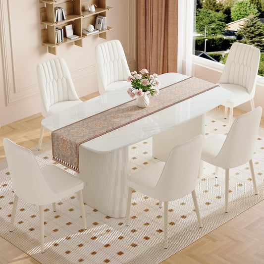 TesNus White Dining Table Set for 6, 67'' Modern Dining Table Set with 6 Upholstered Metal Chairs, 3.5'' Oval Faux Marble Top and Cream White Pedestal Base, Rounded Corners Marble Kitchen Table Set