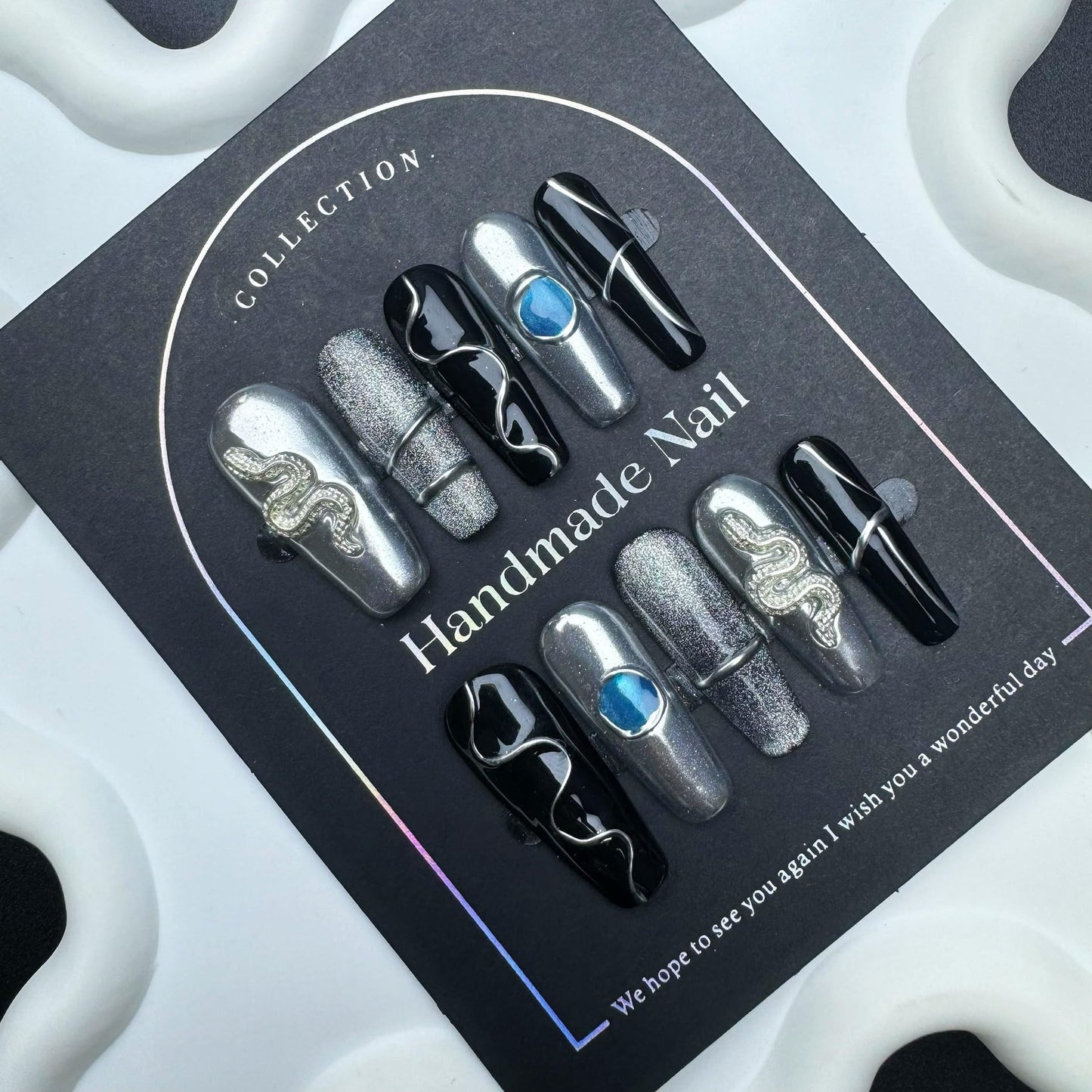 100% 5D Handmade Press on Nails with Snake Charms Medium Coffin Nails Press ons Balck Silver False Nails Cruve Line Press on Nails Fall Fake Nails for Women Girls Daily Wear DIY Manicure Size M