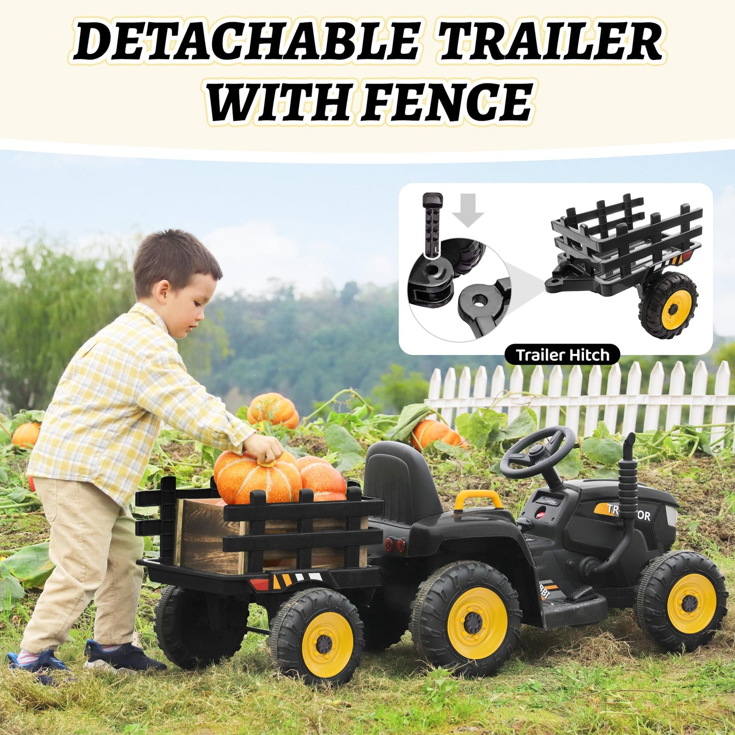 TOBBI Kids Electric Ride On Toy Tractor, Toddlers 12V Battery-Powered Car to Drive, 35W Dual Motor 6-Wheels Trailer Vehicle with 3-Speeds/LED & Horn Functions for Chirdren Aged 3-6-Black