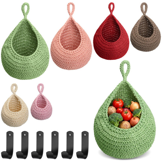 Honeydak 6 Pack Boho Hanging Wall Baskets for Kitchen, Teardrop Hanging Fruit Vegetable Basket with 6 Hooks, Cute Onion Storage Net for Camper, Bathroom, Entryway, Nursery, 6 SizeColorful)