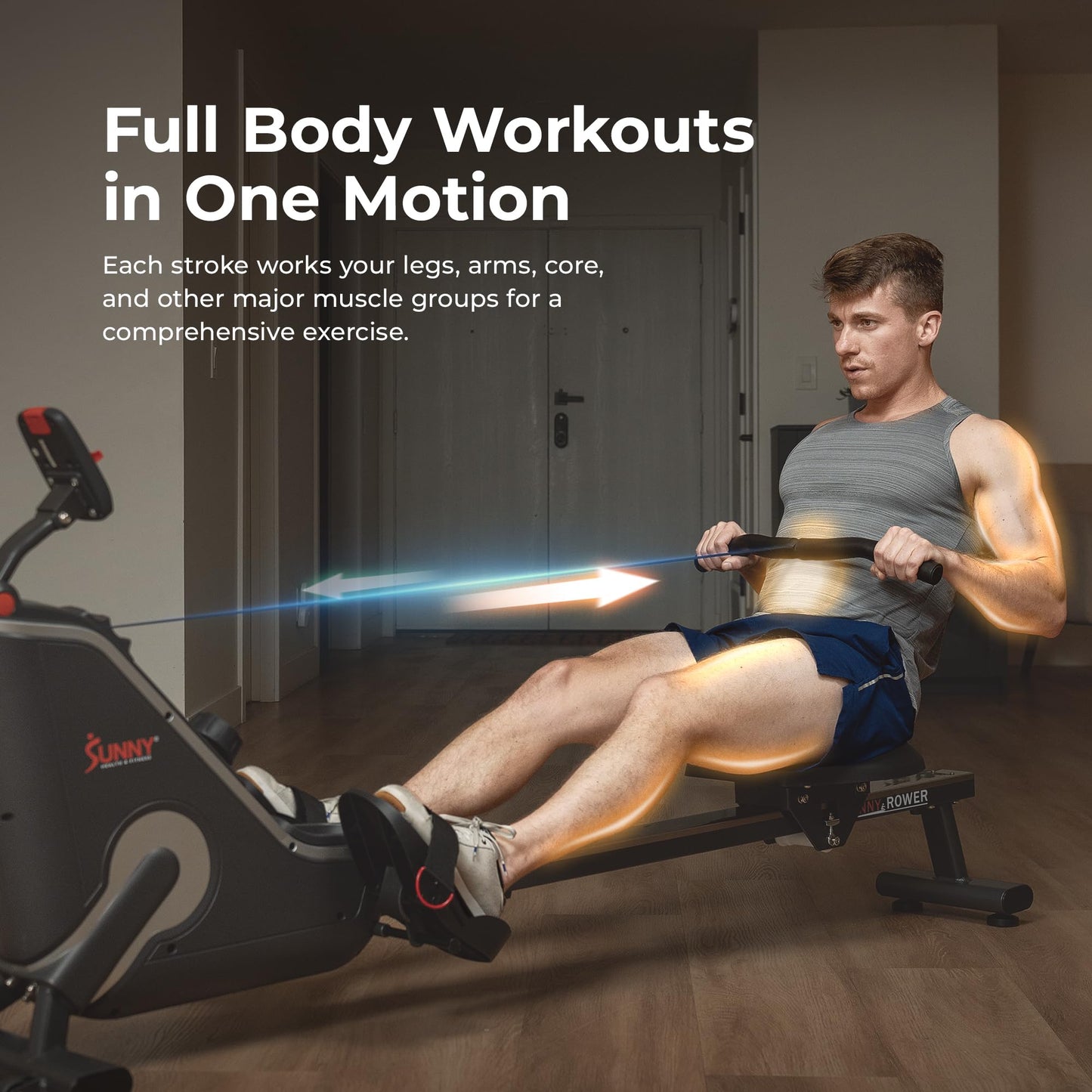 Sunny Health & Fitness Smart Compact Magnetic Rowing Machine with Stainless Steel Slide Rail – Magnetic Resistance Rower for Low-Impact Full-Body Workouts and Users up to 300 LB - SF-RW523043