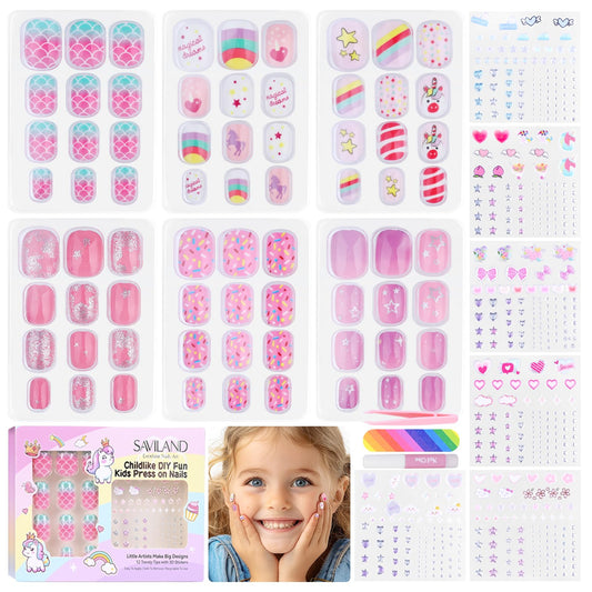 SAVILAND Creative Press on Nails for Kids: 6 Pack Children Fake Nails with 3D Stickers for 8-12 Years Girls Gifts Pre-Glue Full Cover Short Acrylic Nails Artificial False Nail Tips Nail Art Decoration