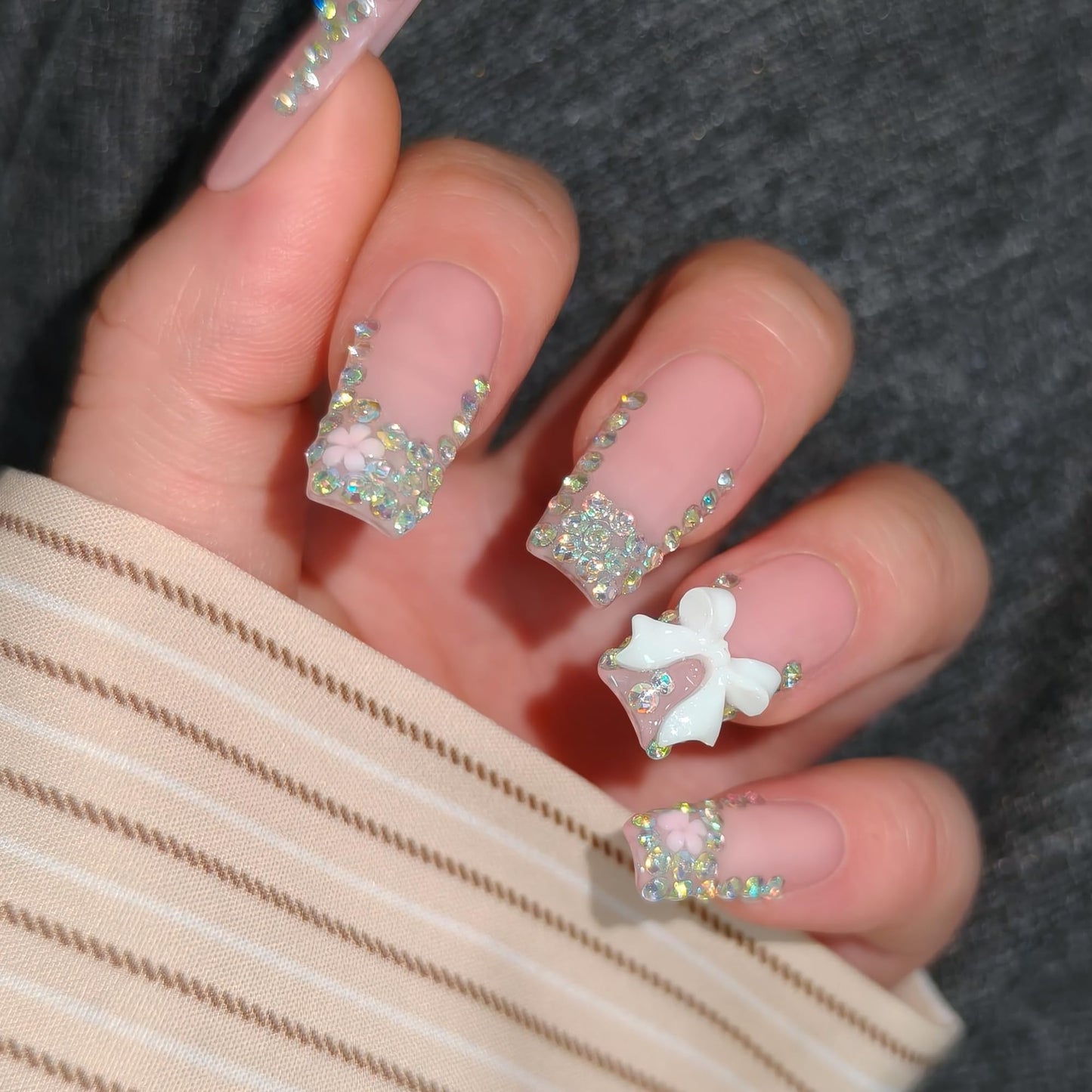 TENPAL Handmade French Tip Press on Nails Medium Coffin 3D Bow Rhinestone Glitter Pink Cute Sweet Girly Reusable Daily Wear Salon Acrylic False Nails 10PCS(M)