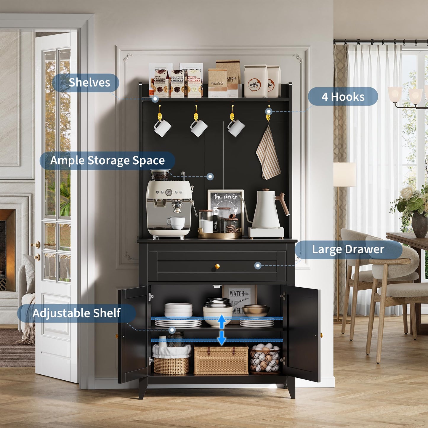 Garvee 63'' Sideboard Buffet Cabinet, 4 Hooks Coffee Bar Cabinet with Drawer & Adjustable Shelves, Kitchen Storage for Kitchen Room, Living Room, Dining Room, Black