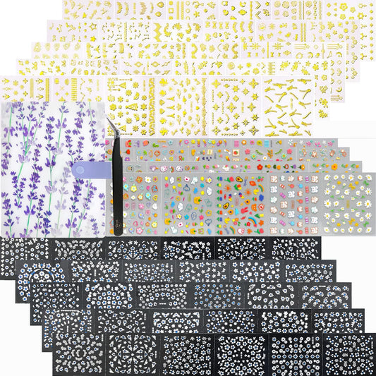 Zoance 90 Sheets Gold Nail Art Stickers & Storage Book,5000 Pieces 3D Self-Adhesive White Floral Nail Stickers with Blue Rhinestones Designs,Multicolor Nail Decals for Women Girls Manicure Decorations