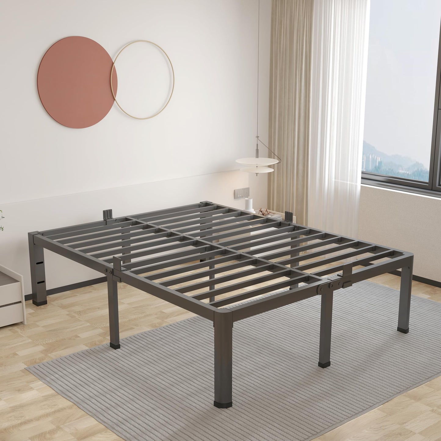 ROIL 14 inch King Size Bed Frame Metal Platform No Box Spring Needed with Headboard Hole Round Corner Legs Mattress Stoppers Retainers 3500LBS Heavy Duty Steel Slats Noise-Free