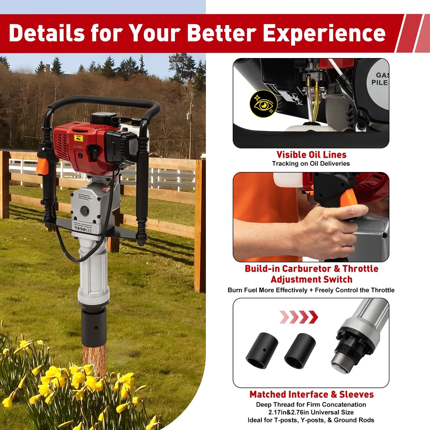 POIOKLJRE Post Driver, 52cc Gas Powered T Post Driver, 1900W Fence Post Driver, Shock Absorption and Safety Lock Heavy-Duty Gasoline Post Driver, Quick Pile Installation, Suitable for Professional Use