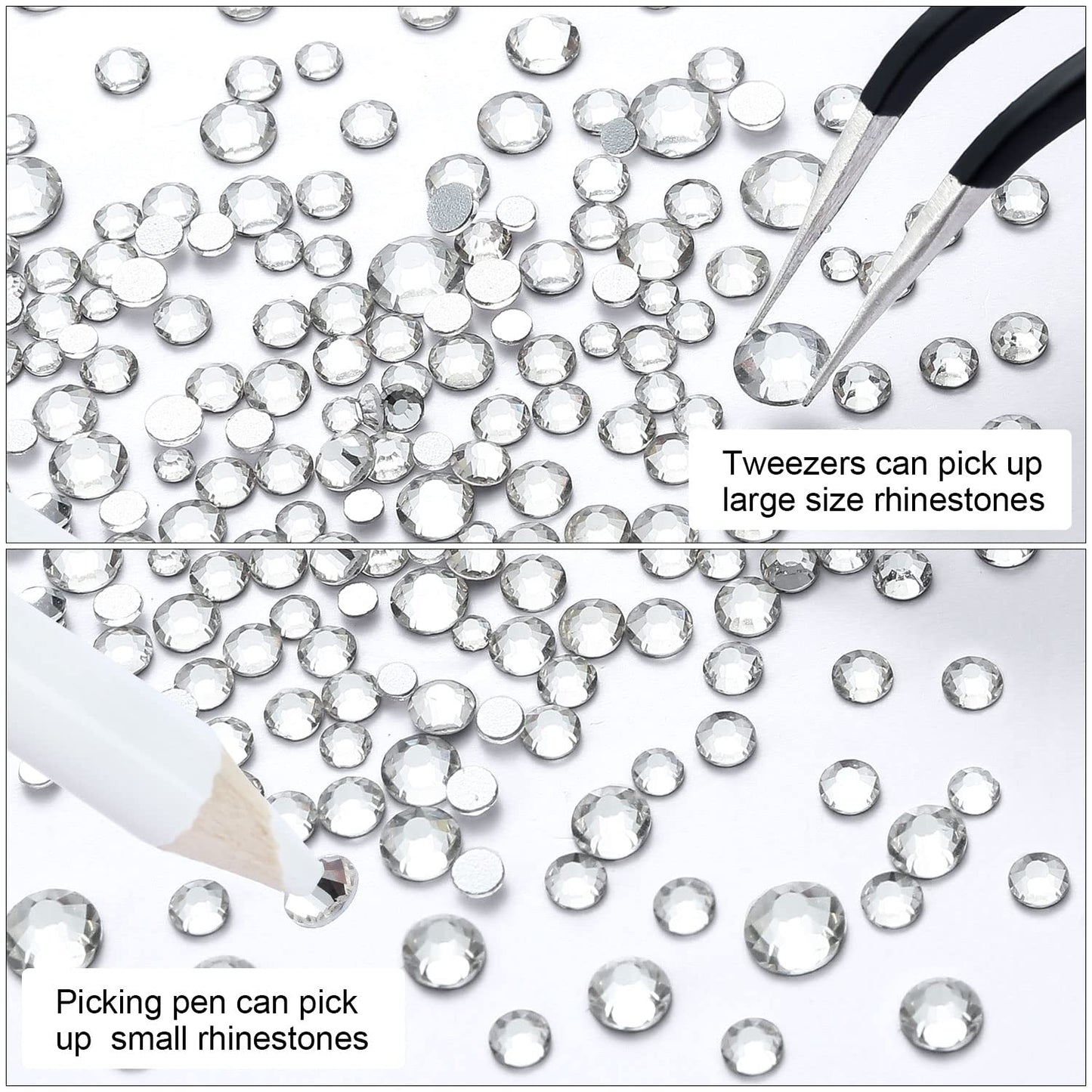 Meibite White Glass Flatback Rhinestones for Nails, Crafts & Clothes – 4240PCS 6 Sizes (SS6–SS20) Crystal Gems Kit with Tweezers & Picker, Non Hotfix DIY Rhinestones for Tumblers, Shoes, Nail Art