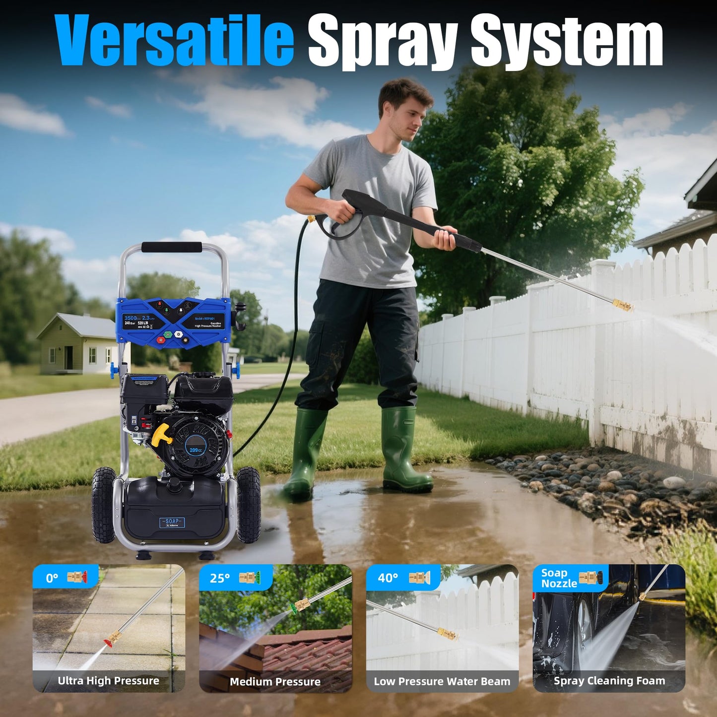 3500 PSI Gas Pressure Washer, 209CC Engine, 2.3 GPM, 4 Adjustable Nozzles, 25ft Hose for Cleaning Cars, Patios, Walls, and Gardens (Blue)
