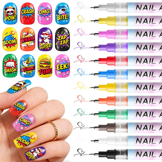 12 Colors Nail Art Pens Set, 0.5mm Fine Tip Nail Polish Pens, Waterproof & Quick-Drying Nail Markers for DIY Nail Art Design, Portable Manicure Tools for Home & Salon