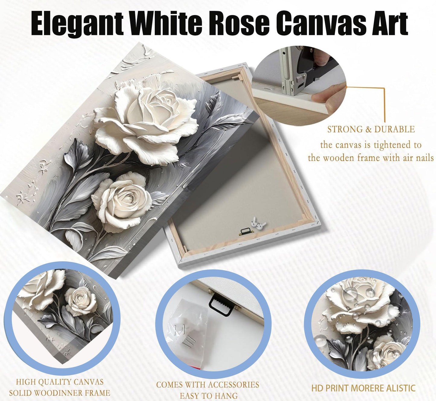Elegant White Rose Canvas Wall art Modern Abstract Floral Wall Decor Picture White Blooming Flowers Poster Print Painting for Office Living Room Bedroom Bathroom Home Decorate Prepare To Hang