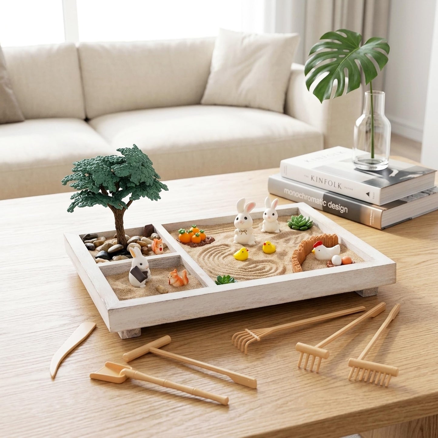 GudaAphrmix Zen Sand Garden Kit, Mini Farm Therapy Tray with Rake, Gift for Chirstmas Birthday, Wooden Sandbox Decor Home Office Desk with Miniature Chicken Coop Hen for Meditation and Stress Relief