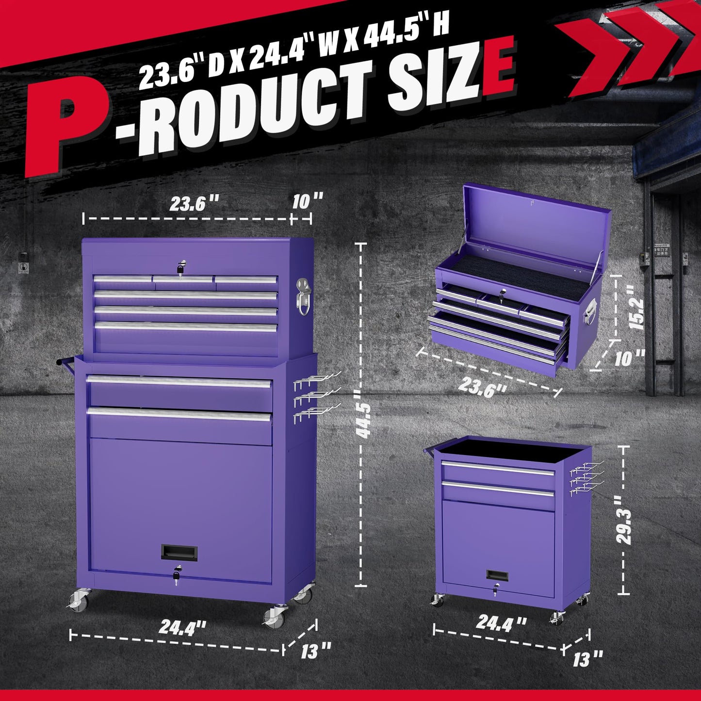 Greenvelly Metal Tool Chest,8-Drawer Rolling Tool Chest with Wheels,Tool Cabinet with Wheels,2 in 1 Detachable Tool Cabinet,Liners and Locking System for Warehouse, Garage,Workshop(Purple)
