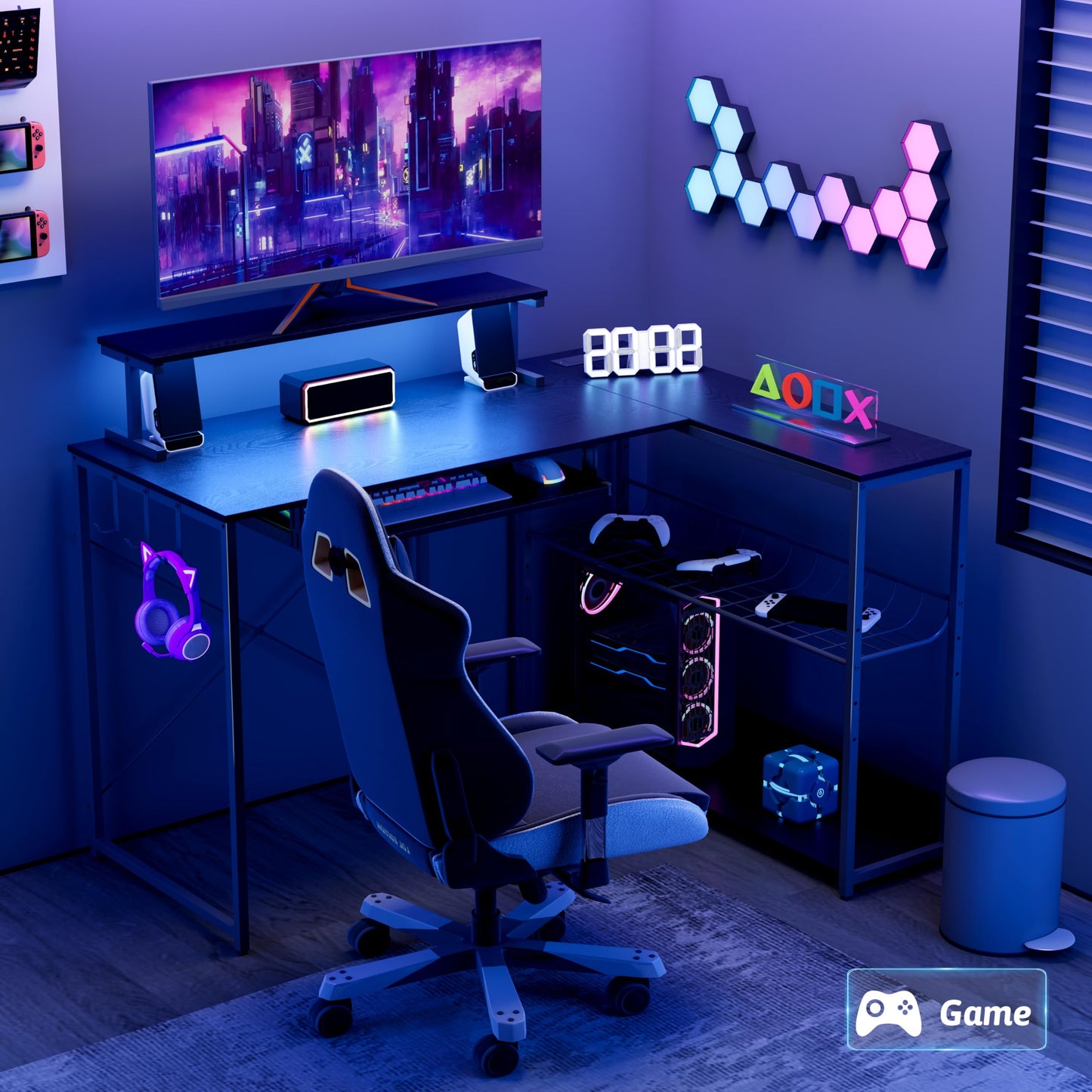 BORNOON Computer Desk, L Shaped Gaming Desk with Monitor Stand & Storage Shelf & LED Light & USB Power Outlet, Reversible Shelves Corner Table with Keyboard Tray for Gaming, Home Office, Study
