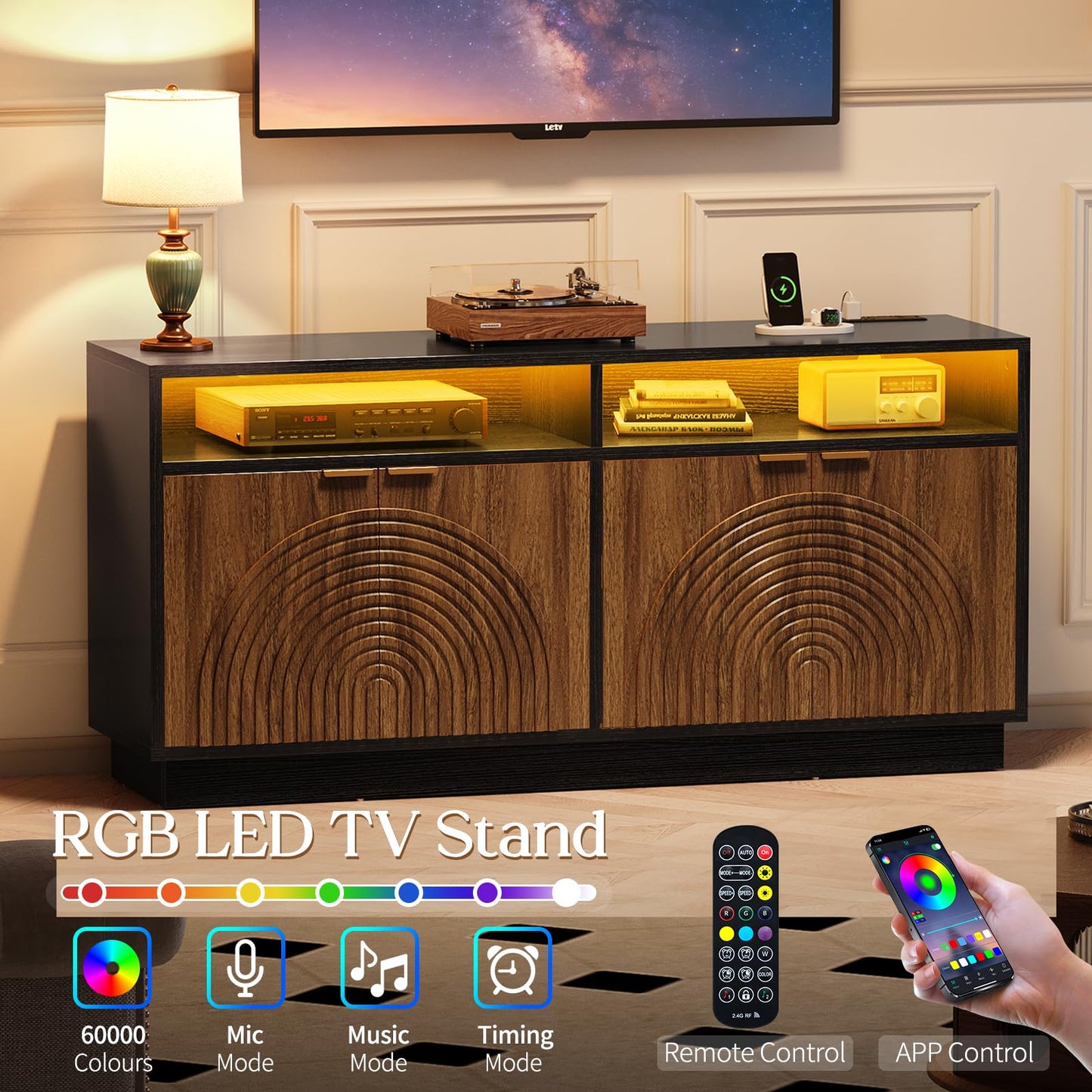 Curlaky Fluted TV Stand with Power Outlet - 58" TV Stands for Living Room, Mid Century Entertainment Center with Storage Cabinets & Adjustable Shelf, LED Modern Media Console for TVs Up to 70", Black